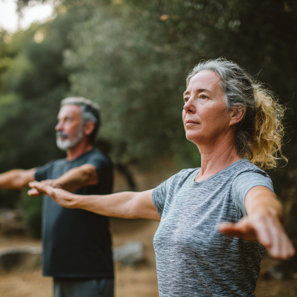 Middle-aged adults practicing gentle movement exercises in a natural setting